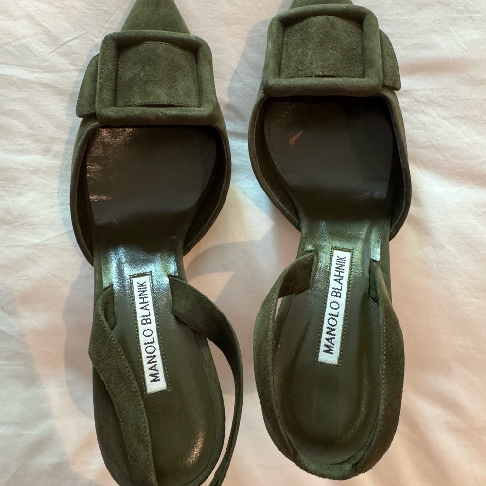 Manolo Blahnik Olive Suede Heels ( sling back)